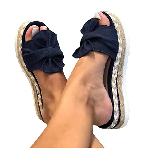 Haoricu Espadrille Platform Wedge Sandals For Women,Summer Bow Tie Flip Flops Flat Boho Casual Flat Slippers Beach Shoes Black #TOP14