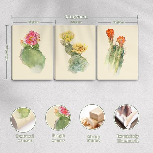 crmotu Floral Botanical Wall Art Set of 3, Cactus Flowers Vintage Wall Decor, Tropical Plant Watercolor Canvas Prints, Minimalist Wall Pictures of Living Room Bathroom Kitchen Farmhouse, 12x16inch