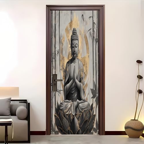 Pegatinas de Puerta Mural 86x200 cm PatróN de Escultura Gris 3D Adhesivo Fotográfico Autoadhesivo Vinilo Etiqueta De La Pared Bambú Arte Adhesivo Puerta Dormitorio Baño Cocina Decoration