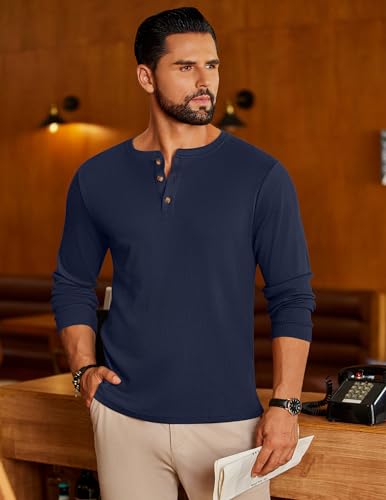 Ekouaer Mens Henley Long Sleeve Shirts Waffle T-Shirt Lightweight Thermal Undershirts Navy Blue M2