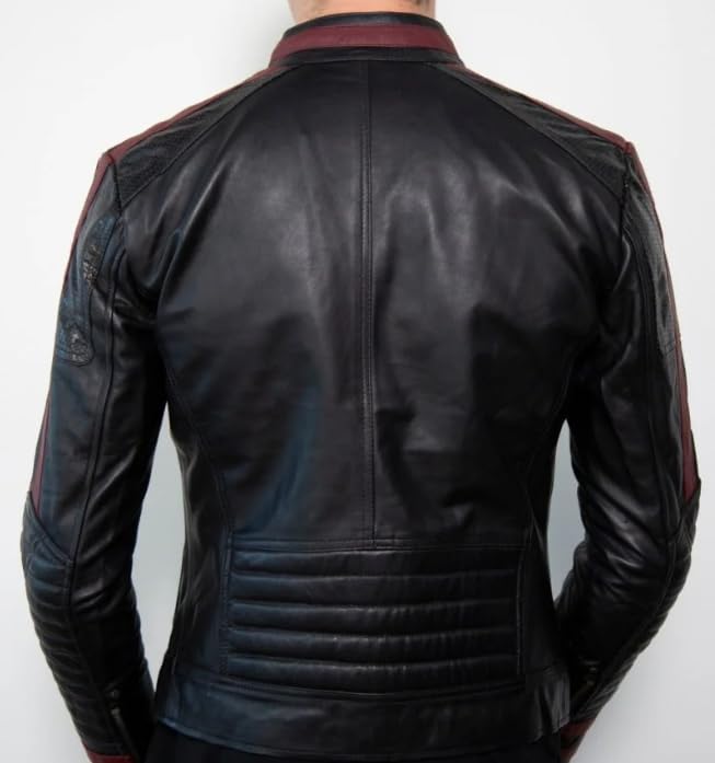 Men's Commander Shephard N7 Gaming Motorcycle Black Real Leather Jacket - Vintage Biker Jacket with Red Stripes4