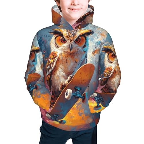 Sudadera con capucha, sudadera con capucha con bolsillo, sudadera casual de manga larga para niños y niñas, Colorful Owl - Monopatín 13, 10-12 años