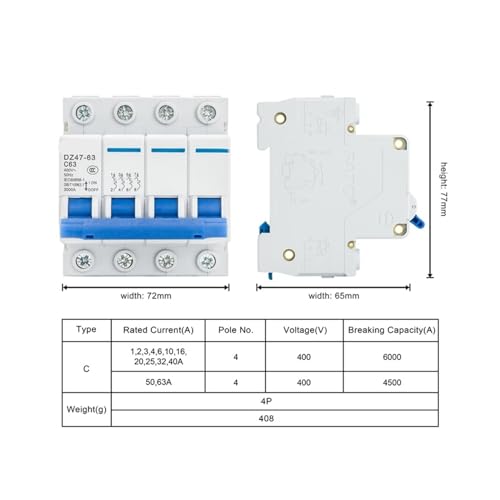 Disjoncteur 4P 230V-415V installation rail protection court-circuit surcharge 10A