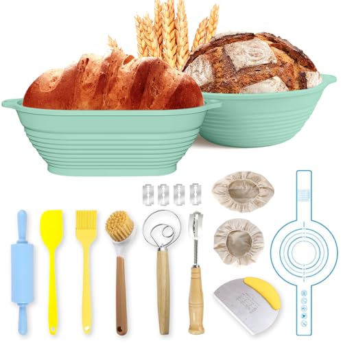 AIGOCITY Set di 12 cestini per la lievitazione, 9 in e 10 in silicone, per cuocere il pane, con utensili per il pane, adatti per principianti e panettieri professionali per la cottura di pane, verde