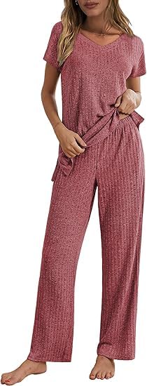 ELESOL Womens Pajamas 2 Piece Lounge Sets Ribbed Knit Matching Outfits V Neck Sleepwear Loungewear