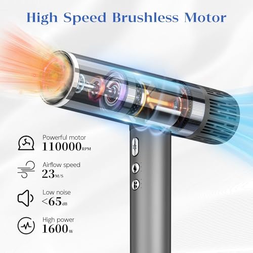 Image of Natrial Ionic Professional Hair Dryer with Diffuser for Curly Hair,1600W&110000RPM High Speed Blow Dryer for Women,Fast Drying,Lock Function,Low Noise,Lightweight for Home Travel Salon,Misty Gray