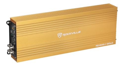 Image of Rockville Mono 1-Ohm Car Amplifier, Class-D, Metal Bass Remote w /Clip Indicator, Low Pass & Subsonic Filters, Compact & High-Efficiency, Ideal for Subwoofers (Gold, 1500w RMS)