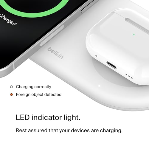 Image of Belkin 2-in-1 Wireless Charging Pad w / Qi2 15W + Additional USB-C Port - MagSafe-Compatible Charger, Charging Station for iPhone 16 & 15 Series, Samsung Galaxy S25 Series, AirPods, & More - White