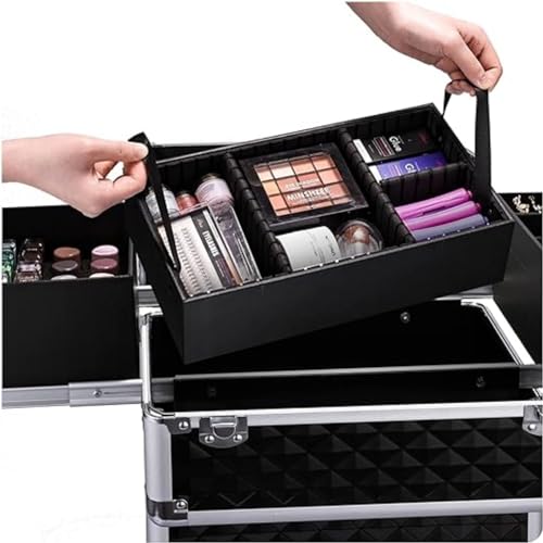 Rolling Cosmetic Case: Large Storage Trolley, 4 Trays, Removable Middle Layer, Black3
