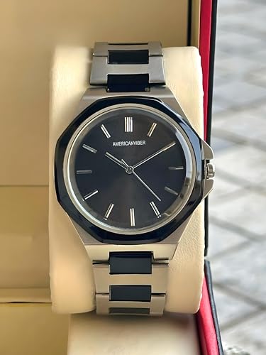 Image of AMERICANVIBER Modern Analog Watch, Silver and Black Two-Tone Stainless Steel Band, Octagonal Case, White Dial for Men