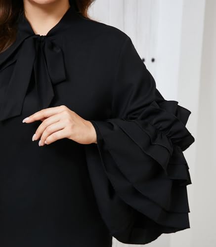 Image of dasmzper Women's Plus Size Midi Dress Ruffle Sleeve Bow Tie Neck Casual A line Swing Midi Dresses