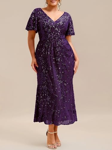 Image of Ever-Pretty Plus Women's Sequin V Neck Plus Size Prom Dress Mermaid Formal Cocktail Evening Dresses for Curvy Women
