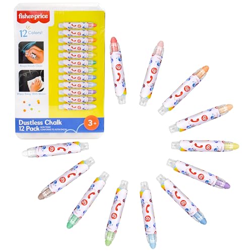 Fisher-Price™ Dustless Chalk Set - 12 Bright Colors with Adjustable Holders, Portable Storage Case, Washable Art Supplies, Safe & Non-Toxic, Draw on Chalkboards, Sidewalks, and Paper