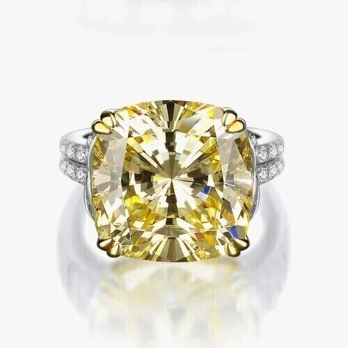 Purvika Jewels Engagement Ring, 4.00 Ct Cushion Cut Lab Created Yellow Citrine, 925 Sterling Silver, 14K White Gold Finish
