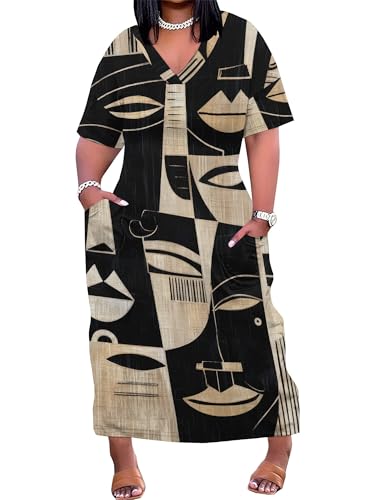 Image of Plus Size Maxi Dress for Women Short Sleeve V Neck Casual Loose Sundress with Pockets