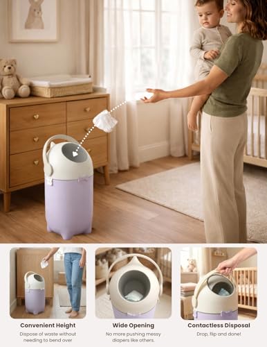 Image of iTouchless Odor-Locking Diaper Pail - 2026 Award-Winning Ag+ Silver Ion Nursery Bin - Fits Any Bag, No Refills Needed - Includes 20 Leak-Proof Bags (Holds 300 Diapers) - Lavender Orchid Hygienic Bin