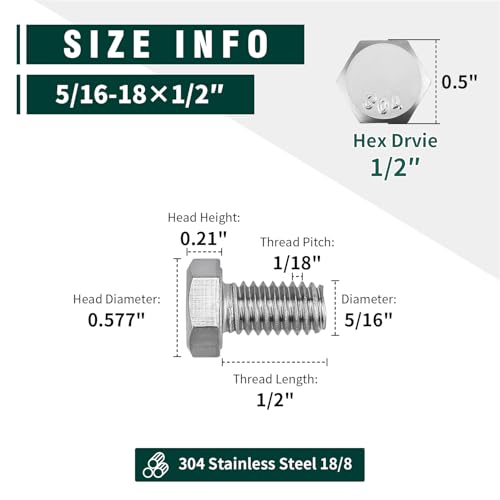 Image of (10 Sets) 5 /16-18 x 1 /2 inch Hex Bolt and Nut Kit, 304 Stainless Steel (18-8), Fully Threaded, Flat & Lock Washers Included