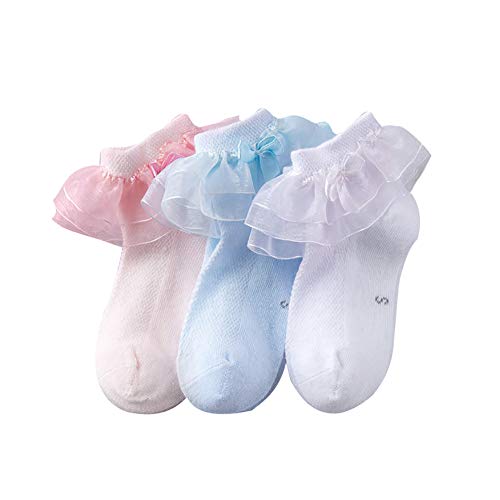 Looching Baby Toddlers Girls White Cotton Princess Style Ruffles Lace Top Frilly Mesh Socks With Bowknot Pack Of 6 (2 White+2 Pink+2 Blue, S(2-4 Years)) #TOP1