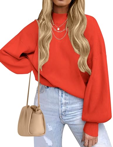 ZESICA Women's Casual Turtleneck Long Lantern Sleeve Fall 2025 Oversized Ribbed Knit Pullover Sweater Jumper Top,FireRed,X-Large