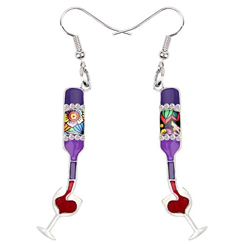 DUOWEI Dainty Enamel Red Wine Cup Bottle Earrings Dangle Red Wine Jewelry Gifts for Women Girls (Purple)