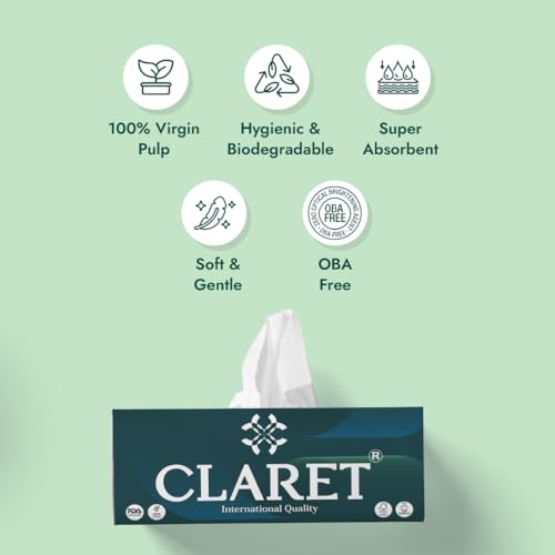 Image of Claret 2-Ply Facial Tissue | Makeup Removal Tissue Wipes | Tissue Paper Holder For Office Desk | Car Accessories | 200 Pulls Each |Pack of 8
