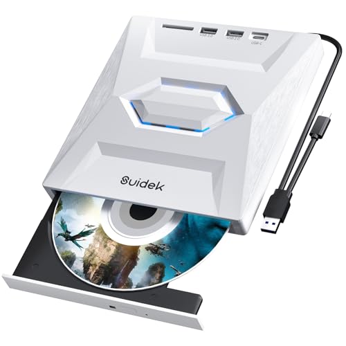 SUIDEK Unidad Externa de CD y DVD para Laptop, 5 en 1, Ultra Delgada, portátil, USB-C CD+/-RW, Reproductor de DVD para Laptop con Lector de Tarjetas SD, USB 3.0 Tipo C, hub para computadora de