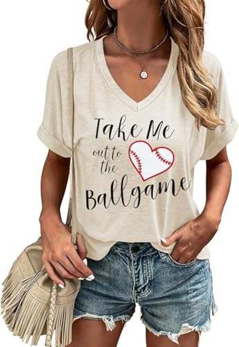 Baseball Mom Shirts for Women Baseball Game Day Heart Graphic V Neck Short Sleeve Tee Top Softball Mom T Shirt(L Beige02)