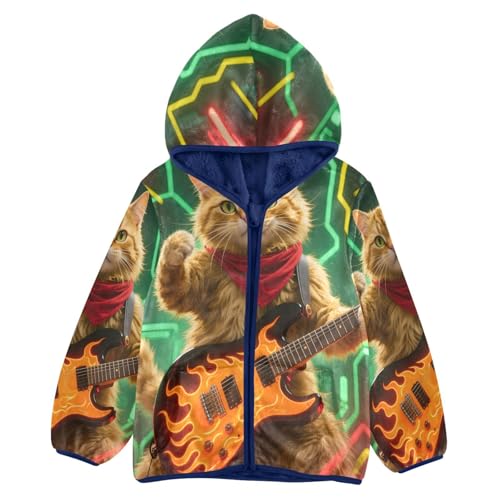 Cool Cat Playing Guitar Artwork Toddler Fleece Jacket Girl Boys Hooded Fleece Jacket Coat Warm Outwear Zip-up 3-10T