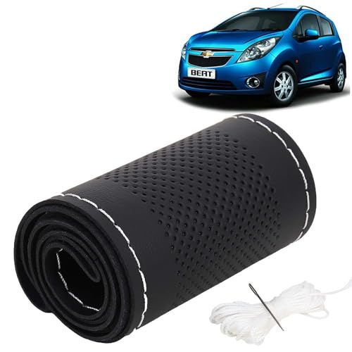 Image of KINGSWAY PU Leatherite Car Steering Cover Sewable Compatible with Chevrolet Beat (Year 2009-2017), Black Color with Silver Thread, Pack of 1 with Sewing Needle and Thread