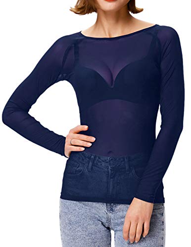 Kate Kasin Sheer Long Sleeve Top Mesh Shirts for Women(XL,Navy)