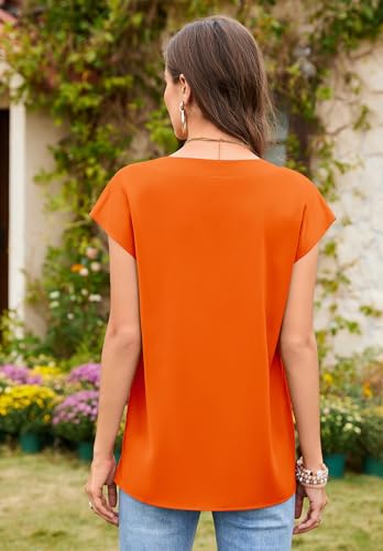 Soucrat V Neck Cap Sleeve Tops for Women Dressy Casual Silk Blouse Under Blazer Tops Orange XL
