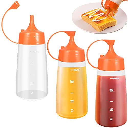 3 Piezas Squeeze Bottle, 300 ml Botella de Salsa con Tapa, Condimento Botellas, Dispensador de Botellas de Plástico para Condimentos, Salsa de Tomate, Mostaza, Mayonesa y Aceite de Oliva