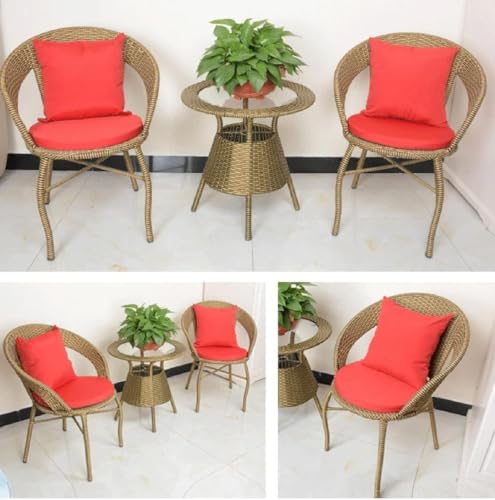 Image of PRATHAM India 2+1 Outdoor Indoor Patio Furniture Sets Rattan Wicker Chair Patio Set Bistro Set Conversation Set Balcony Outdoor Garden Furniture Chair (Golden with Red Cushion & Pillow)