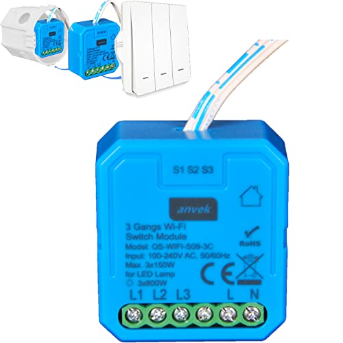 Anvek Interruttori WiFi Alexa, 3 vie Interruttore Intelligente smart mini Telecomando Senza Fili con Telefono App Android iOS, Controllo Vocale con Alexa Echo e Google Home,tuya app (AS09-3C)