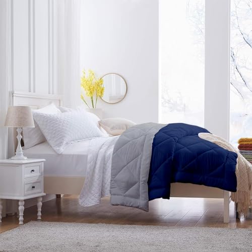 Image of 600 GSM Heavy Winter Double Bed Comforter | Microfiber, Breathable, Reversible,Soft, Lightweight & Machine Washable Comforter for Double Bed 90x100 Inch - Navy BlueSilver