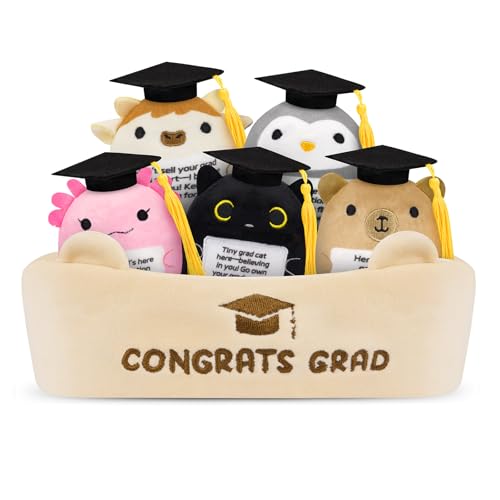 Image of 6 Pcs Emotional Support Plush Set,Graduation Stuffed Animal 2026 with Basket & Graduations Words,Cute Graduation Plush for Kids Men Women,Graduation Gifts for Kindergarten,High School College