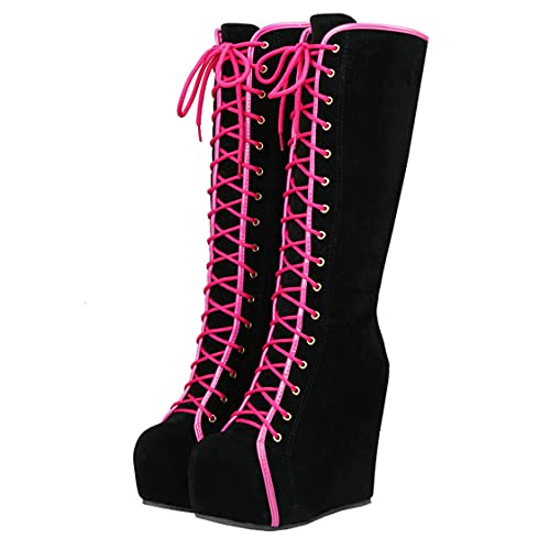 BEAUPAS Women's Goth Knee High Boots Wedge High Heel Platform Lace Up Boots Round Toe Zipper Shoes4