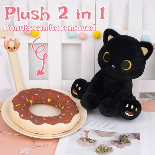 Image of Black Cat Plush, 8inch Donut Black Cat Stuffed Animal Cute Plushies Toys for Girls Boys, Kawaii Kitten Plushie for Kids Adult, Birthday