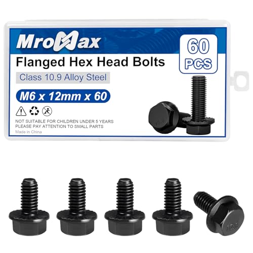 Image of M6-1.0 x 12mm Flanged Hex Head Bolts, 60Pcs Serrated Flange Bolt, Class 10.9 Alloy Steel, Black Oxide, Coarse Thread Fully Threaded, External Flange Hex Drive Screws, DIN6921 /GB5789