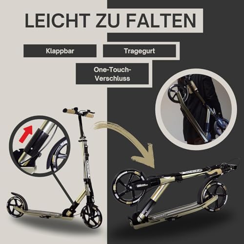 Best Sporting High End Scooter Erwachsene I klappbarer Roller mit St&auml;nder, Handbremse, Klingel und Tragegurt I Gold I City-Roller f&uuml;r Erwachsene I Tretroller mit Rollengr&ouml;&szlig;e 205 mm