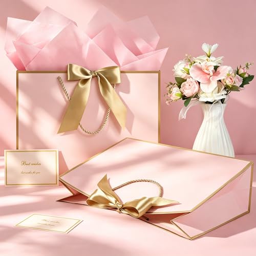 Image of JMANNI Gift Bags with Handles, 13 inch Medium Gift Bag for Presents, 8 Pcs Bags with 16 Tissue Paper and 8 Cards for Baby Shower Wedding Bridal Shower Mother's Day Birthday Party(pink-gold)