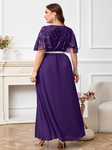 ZOMVA Plus Size 0X-4X Sequin Embroidery Formal Long Dress with Pearl Belt Glitter A Line Prom Wedding Guest Evening Gown3