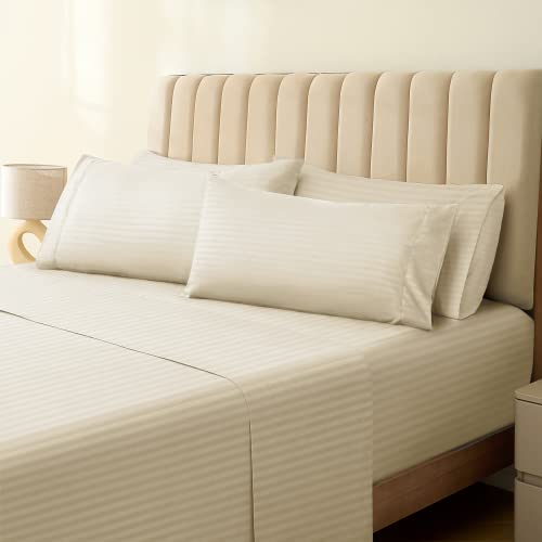 Image of LuxClub 4 PC Cal King Size Sheet Set Bed Sheets, Breathable Luxury Sheets, Deep Pockets 18 inch Wrinkle Free Cooling Machine Washable Hotel Bedding (Cal King, Striped Cream)