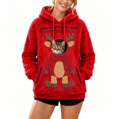 Christmas Sweatshirt for Women Fuzzy Fleece Pet Pouch Hoodie with Dog - image 5