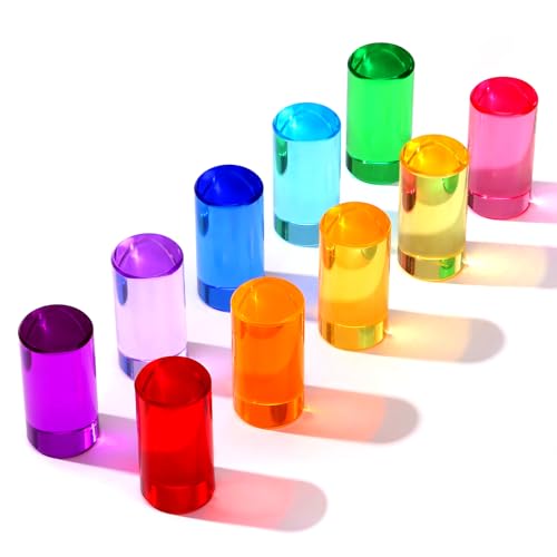 Arnbz 10 PCS Rainbow Acrylic Blocks, Crystal Lucite Gem Cubes for Kids, Highly Transparent Colored Acrylic Cylinder Building Blocks, Educational Sensory Learning Toys