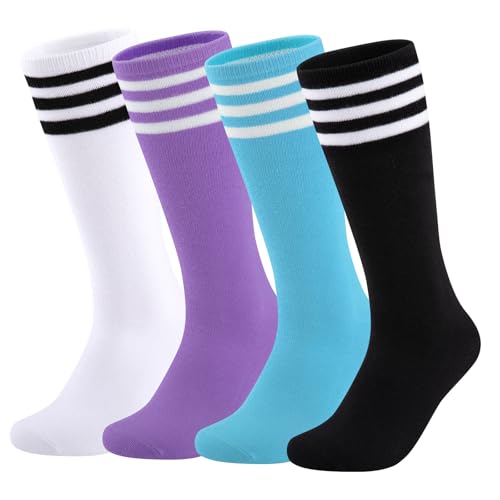 Comfoex Kids Soccer Socks 4 Pairs Girls Baseball Football Sports Tall Socks With Cotton Stripes Girls Knee High Socks