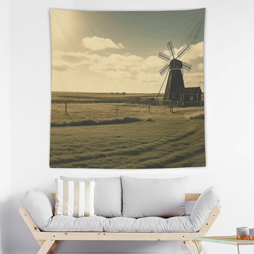 Tapisserie murale vintage noire avec motif moulin à vent en tissu anti-plis