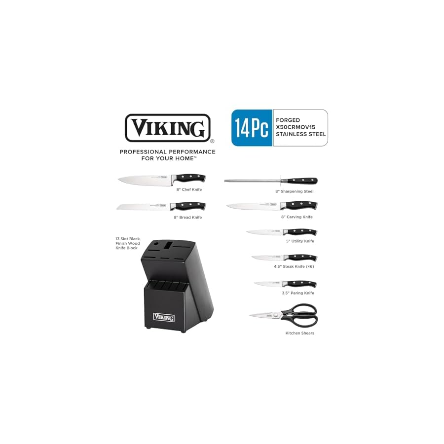 Viking Culinary Cutlery Set with Black Rubberwood Knife Block, 14 Piece, Premium Steel Blades, Ergonomic Design