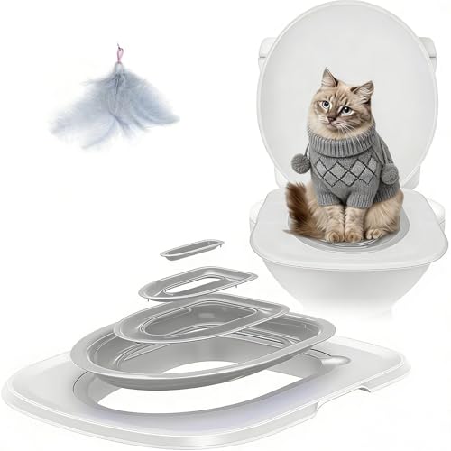 Cat Toilet Training Kit, Reusable Plastic Litter Box Trainer with Replaceable Feather Toy for Indoor Cats (Gray)