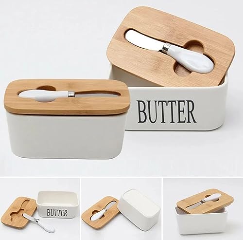 Mantequillera de Porcelana con Tapa de Bambú Plato de Mantequilla de Cerámica con Cortador de Mantequilla, Sello de Silicona Extraíble Una fusión de estilo y practicidad para tu cocina